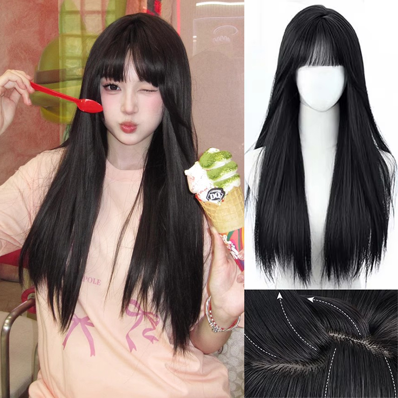 Synthetic Korean Black Long St - Anime Cosplay Girl With Black Hair recension och pris
